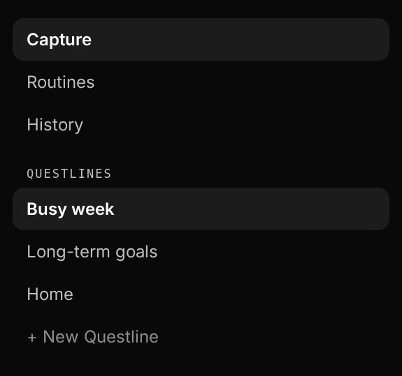 Questlines menu: Busy week, Long-term goals and Home
